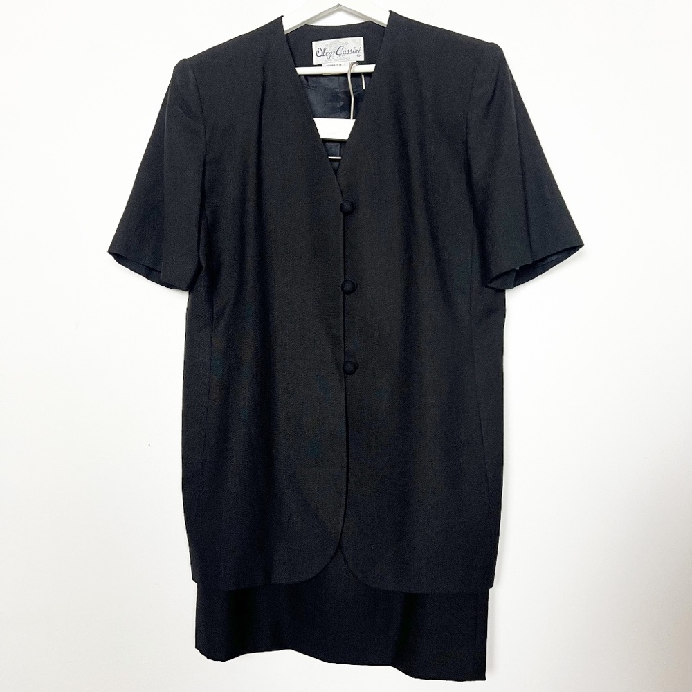 Oleg Cassini Skirt Suit Size 14 Black Rayon 2 piece Blazer Jacket Skirt Vintage